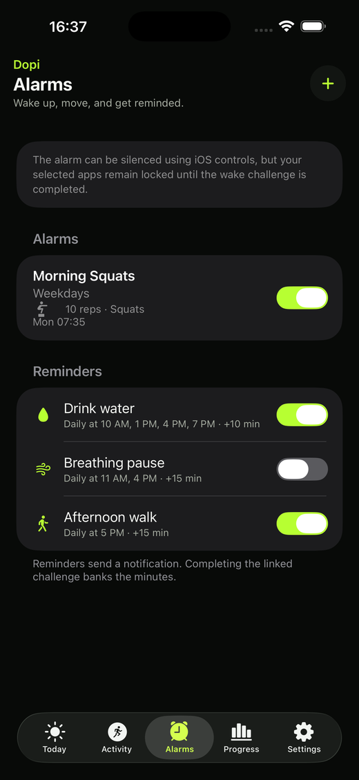 Exercise Alarm list with wake-up challenges and wellness reminders