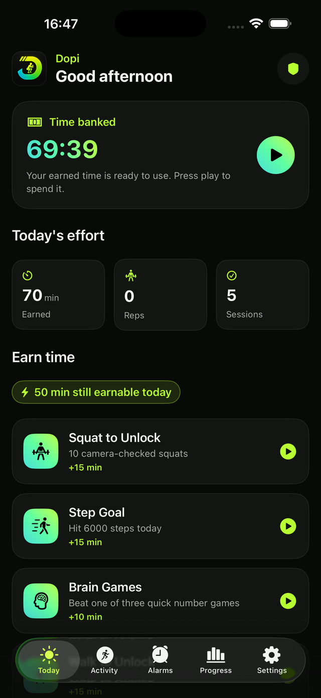 The Dopi Today screen showing 69:39 of banked screen time, today's effort, and the challenge list