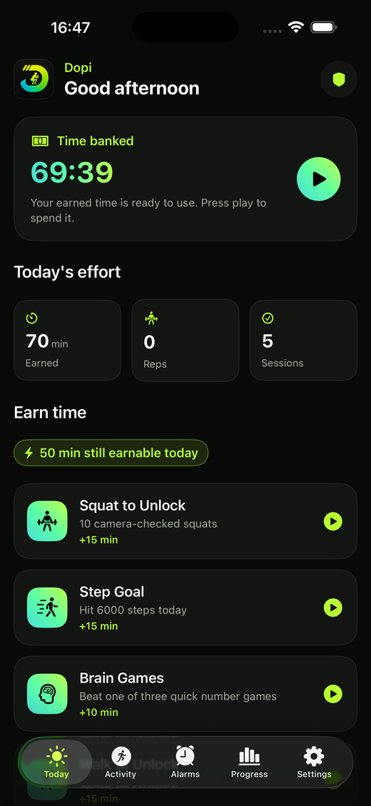 Today tab with banked time, daily effort stats, and challenge list