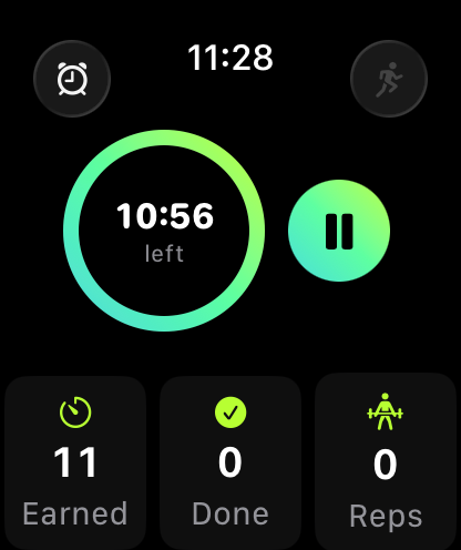 The Dopi Apple Watch app showing 10:56 of earned time remaining and today's stats