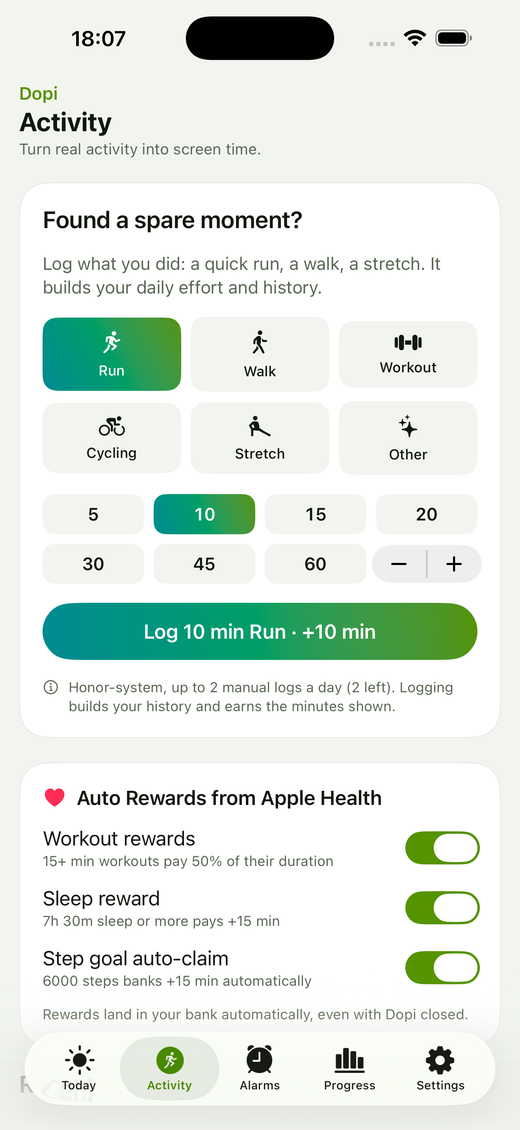 The Activity tab with the manual activity log and Apple Health auto rewards