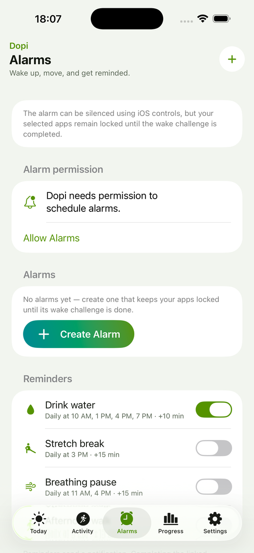 The Alarms tab with wake challenges, the Create Alarm button, and wellness reminders