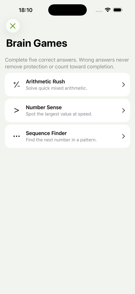 The Brain Games mode picker with Arithmetic Rush, Number Sense, and Sequence Finder
