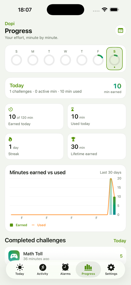 The Progress tab with weekly rings, earned versus used minutes, streak, and history