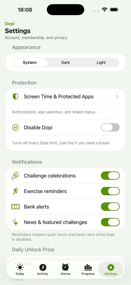 The Dopi Settings tab with appearance, protection, and notification controls