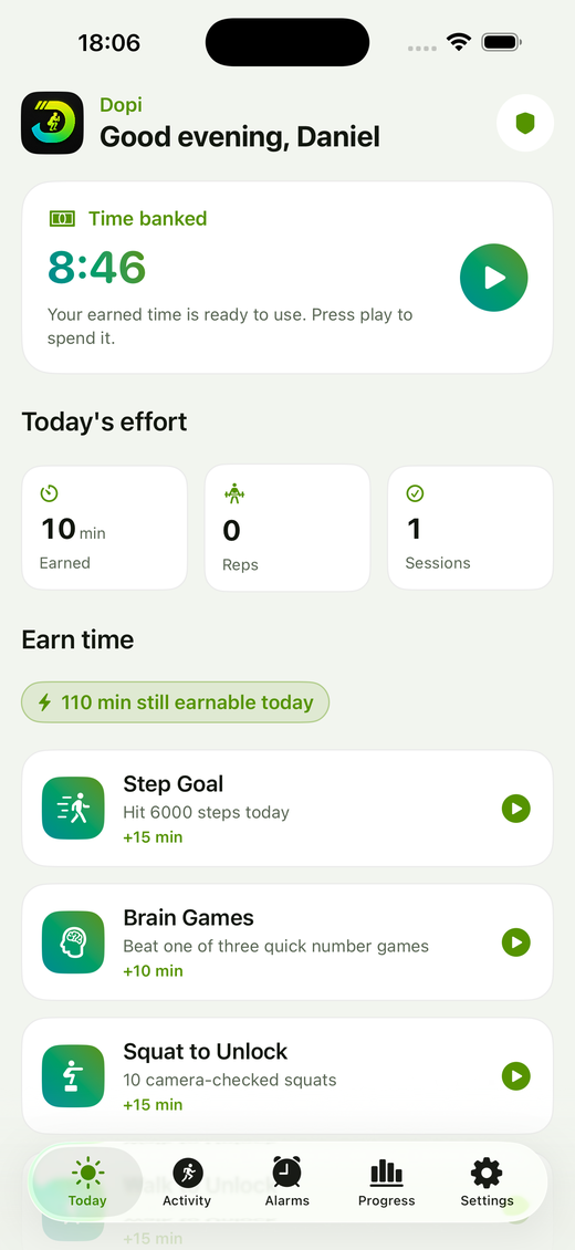 The Dopi Today tab with the time bank, today's effort, and the challenge list